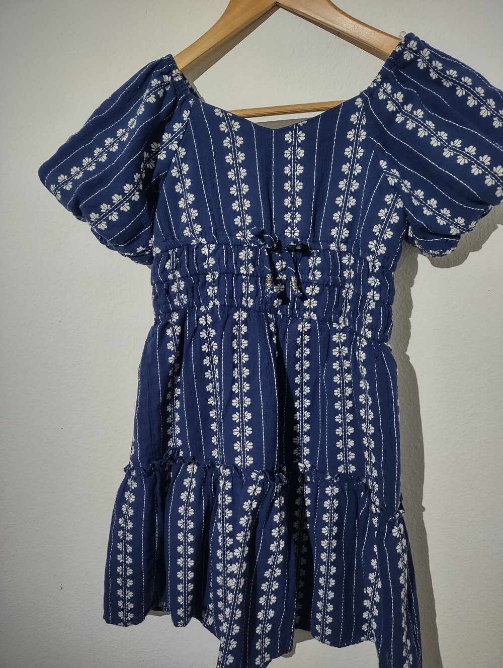 Cottagecore Dress Girls Size 12 Cotton Blue Floral Striped Puff Sleeve